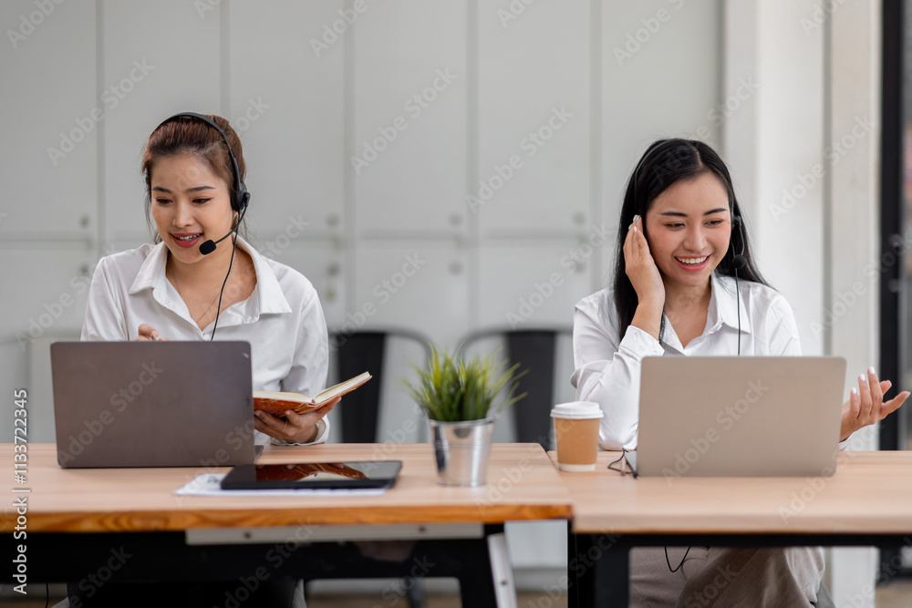 Asian call center team, customer service, telesales wearing headset or headphone talking with customer in the office. Customer Service Representative, Service, Call Center, Asian call center team, customer service, telesales wearing headset or headphone talking with customer in the office. Customer Service Representative, Service, Call Center,