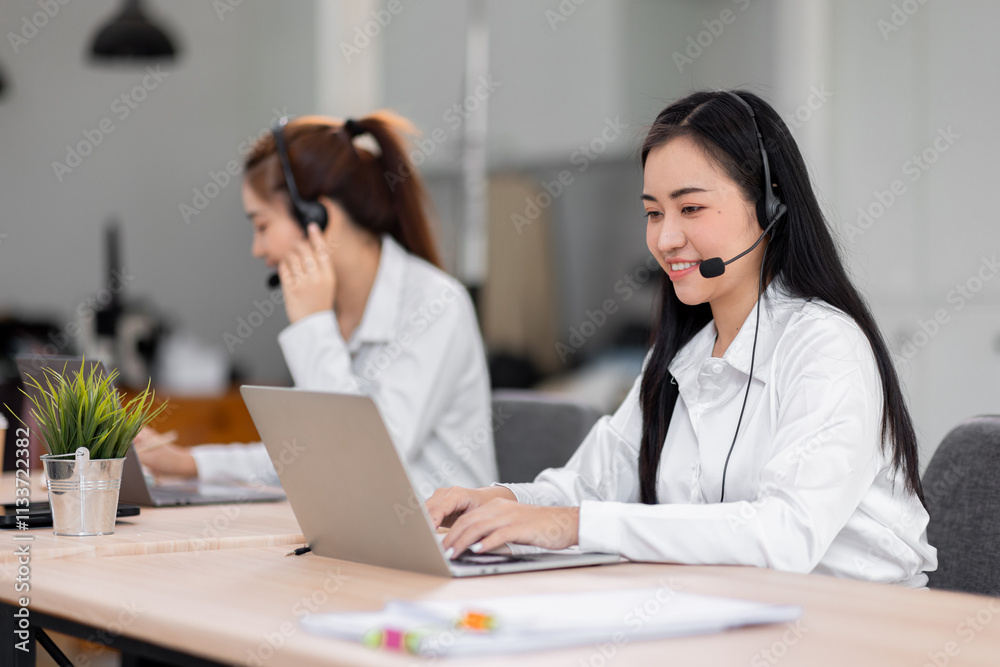 Asian call center team, customer service, telesales wearing headset or headphone talking with customer in the office. Customer Service Representative, Service, Call Center, Asian call center team, customer service, telesales wearing headset or headphone talking with customer in the office. Customer Service Representative, Service, Call Center,