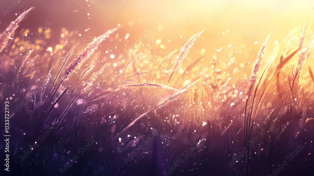 Close-up of dew-covered grass blades sparkling in sunlight. Dewdrop. Illustration Close-up of dew-covered grass blades sparkling in sunlight. Dewdrop. Illustration