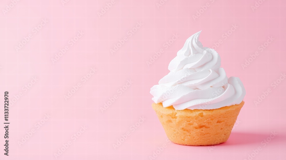 Delicious Vanilla Cupcake with Creamy Frosting on Pink Background Delicious Vanilla Cupcake with Creamy Frosting on Pink Background