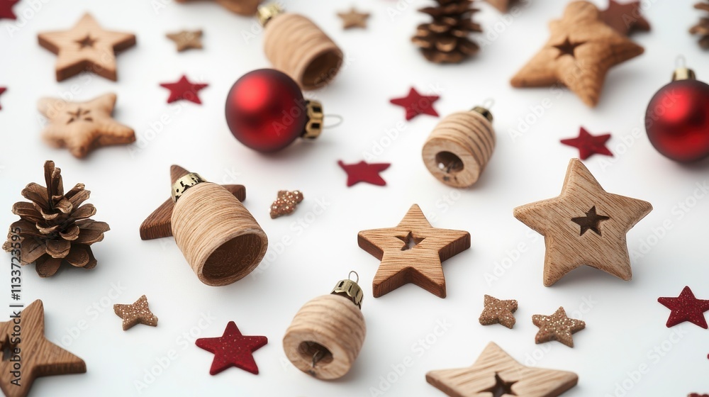 A festive arrangement of wooden decorations, red ornaments, and pinecones, perfect for holiday themes and Christmas celebrations. A festive arrangement of wooden decorations, red ornaments, and pinecones, perfect for holiday themes and Christmas celebrations.