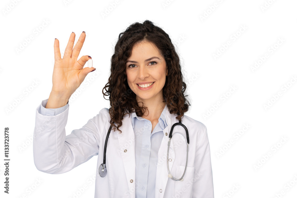 Smiling young Latina physician showcasing a medication pill Smiling young Latina physician showcasing a medication pill