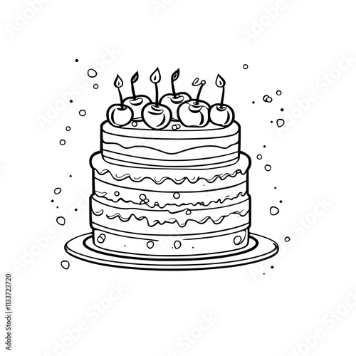 A line drawing of a two-tiered cake with cherries and candles on top.