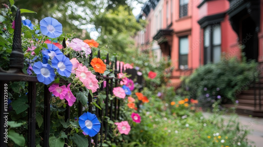 Vibrant Flower Garden Along Iron Fence Near Historic Brownstone Homes Vibrant Flower Garden Along Iron Fence Near Historic Brownstone Homes