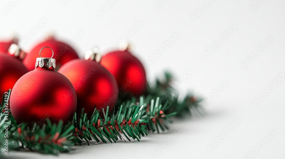 Holiday-inspired close-up of red Christmas ornaments resting on green pine branches, perfect for festive decorations. Holiday-inspired close-up of red Christmas ornaments resting on green pine branches, perfect for festive decorations.