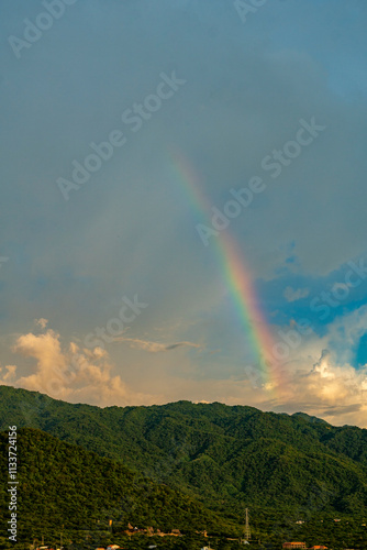 Natural landscape with beautiful rainbow and view of the mountains. Santa Marta, Magdalena, Colombia.  photo