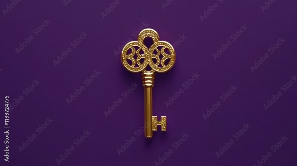 Obraz premium Golden vintage key against purple background, ornate and elegant design