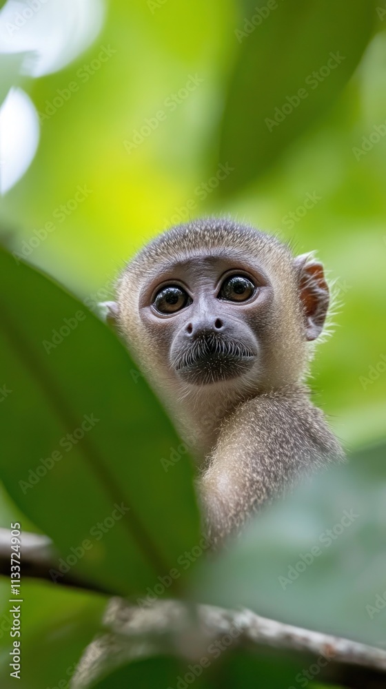 Naklejka premium Young Monkey Gazing From Lush Green Foliage