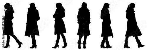 Elegant Female Silhouettes in Long Coats and Heeled Boots