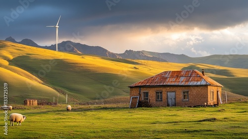 Rustic House in Lush Green Landscape with Wind Turbine and Sheep photo