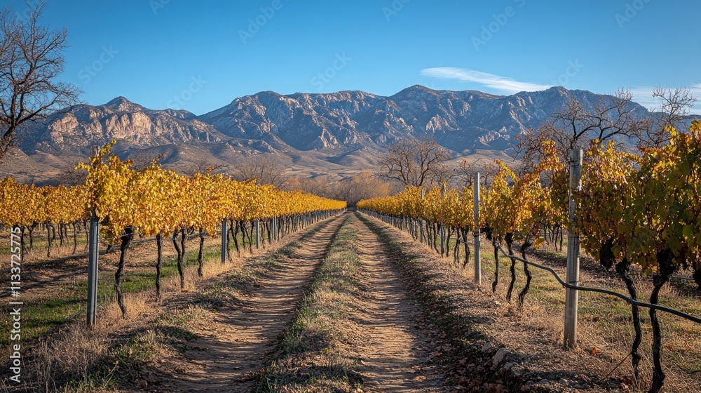 Obraz premium Autumn vineyard rows leading to majestic mountains under a clear blue sky.