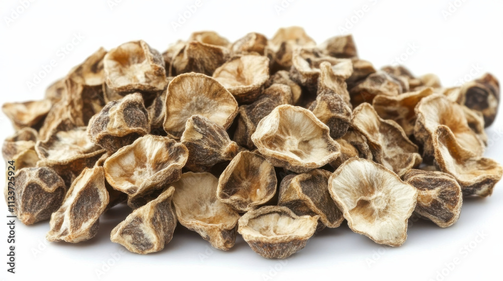Dried buckwheat seeds piled on white background, showcasing their unique texture and shape. These seeds are often used in various culinary applications and health foods Dried buckwheat seeds piled on white background, showcasing their unique texture and shape. These seeds are often used in various culinary applications and health foods