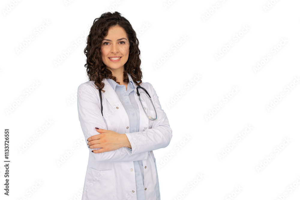 Portrait of a focused Latina female doctor in a white coat Portrait of a focused Latina female doctor in a white coat