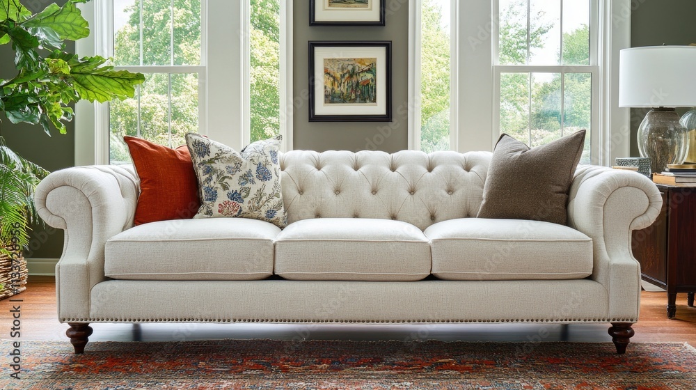 Fototapeta premium Elegant beige tufted sofa with decorative pillows in living room