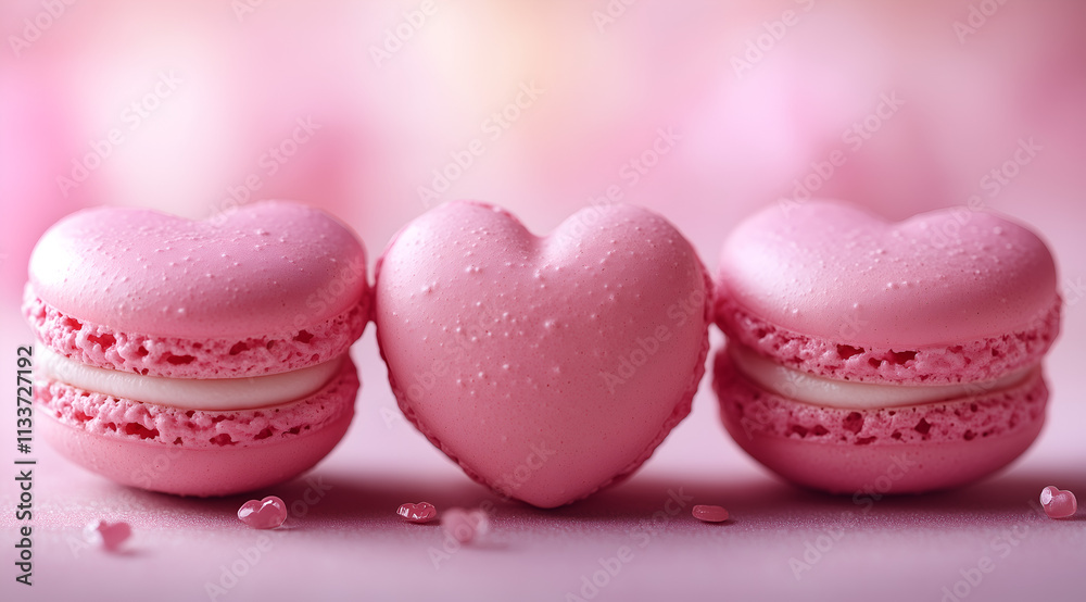 pink heart-shaped macarons on a pastel background, in close-up. A Valentine's Day concept. Soft light and shadow. pink heart-shaped macarons on a pastel background, in close-up. A Valentine's Day concept. Soft light and shadow.