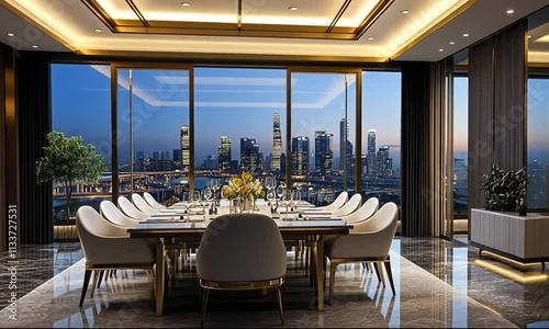Elegant dining room with a city skyline view, designed for upscale gatherings.