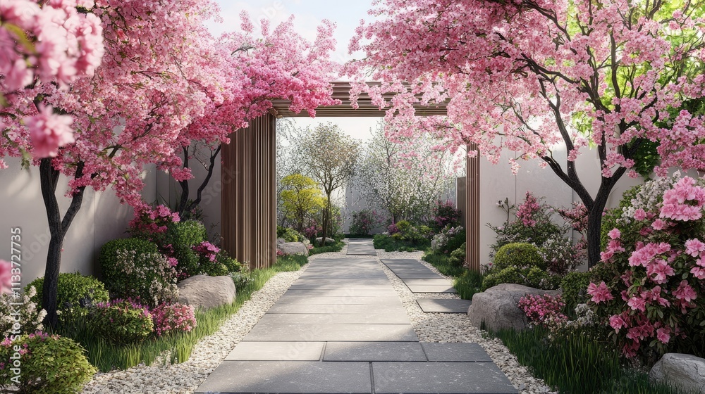 Serene Cherry Blossom Pathway in a Tranquil Garden Setting Serene Cherry Blossom Pathway in a Tranquil Garden Setting