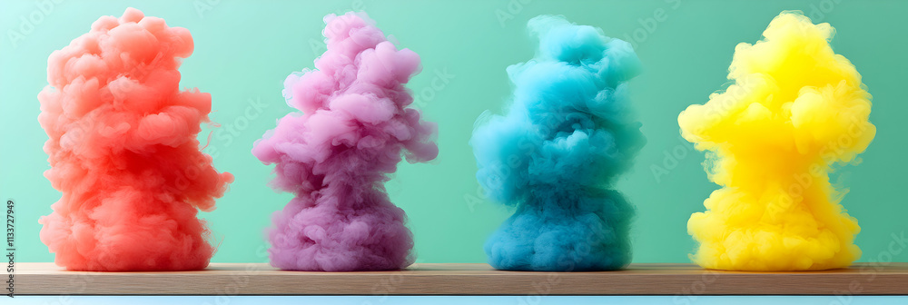 Fototapeta premium Vibrant Color Explosions on Wooden Shelf: Colorful Smoke Plumes Rise Elegantly Against a Mint Background