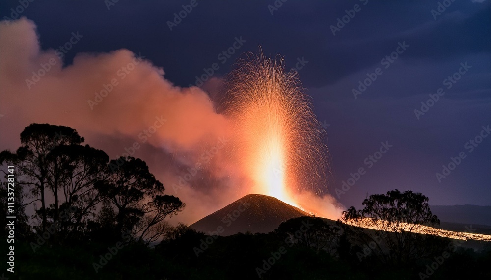Fototapeta premium Eruptions casting an eerie glow on the surrounding terrain. 