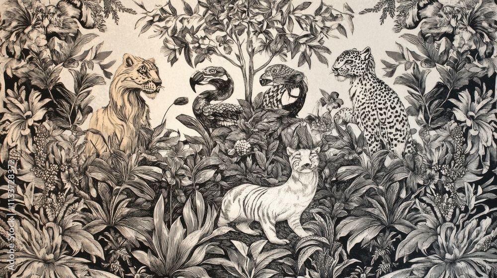 Fototapeta premium Intricate Black and White Illustration of Diverse Animal Species
