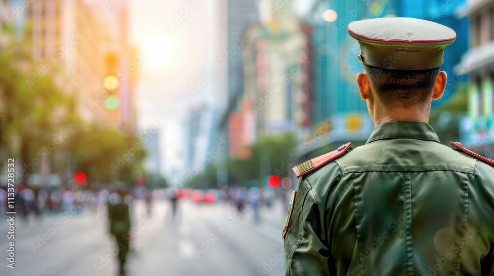 Military officer in uniform standing solemnly on deserted city street, symbolizing martial law and order in urban environment. Military officer in uniform standing solemnly on deserted city street, symbolizing martial law and order in urban environment.