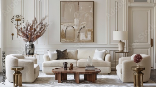 A luxurious and elegant living room setting featuring a white canvas backdrop, Statement furniture pieces arranged for luxury and sophistication, Luxe minimalist style