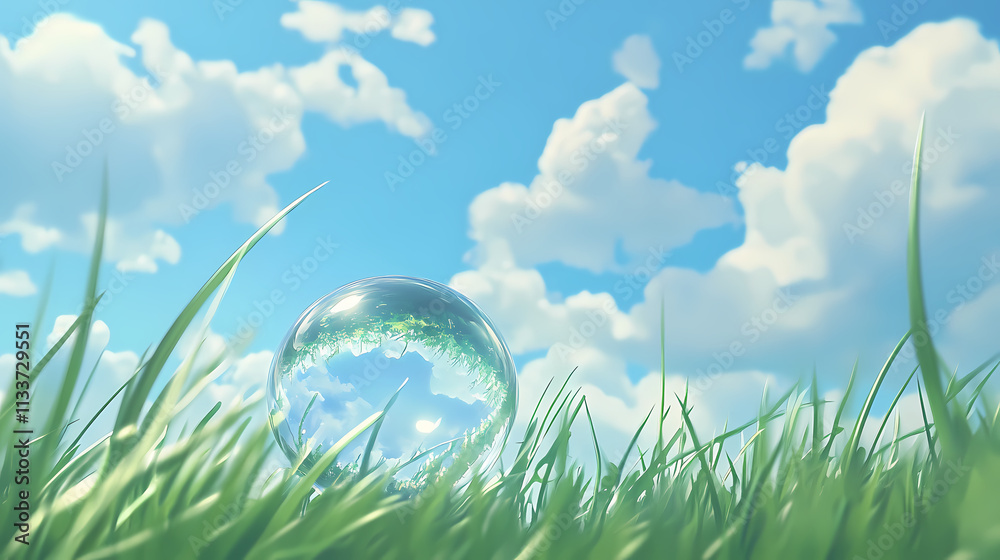 A single dewdrop rests atop a blade of grass, reflecting the sky and clouds above, creating a miniature world within its sphere. Dewdrop. Illustration