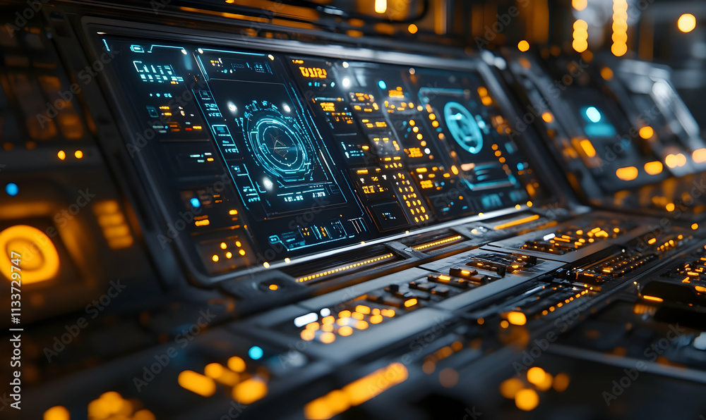 A futuristic control panel with glowing screens and buttons, designed for advanced technology. A futuristic control panel with glowing screens and buttons, designed for advanced technology.
