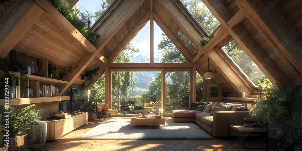 Mountain View A-Frame Cabin, Rustic Interior Design with Abundant Natural Light Illuminates the Cozy Living Space, Featuring a Large Sectional Sofa and Wooden Furnishings. Mountain View A-Frame Cabin, Rustic Interior Design with Abundant Natural Light Illuminates the Cozy Living Space, Featuring a Large Sectional Sofa and Wooden Furnishings.