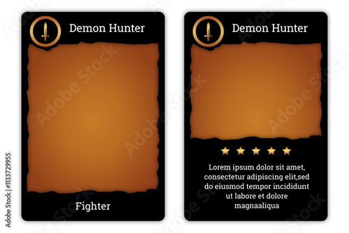 Prehistoric primitive themed card game template with yellow and black colors symbolizing ancient times. card template, border template