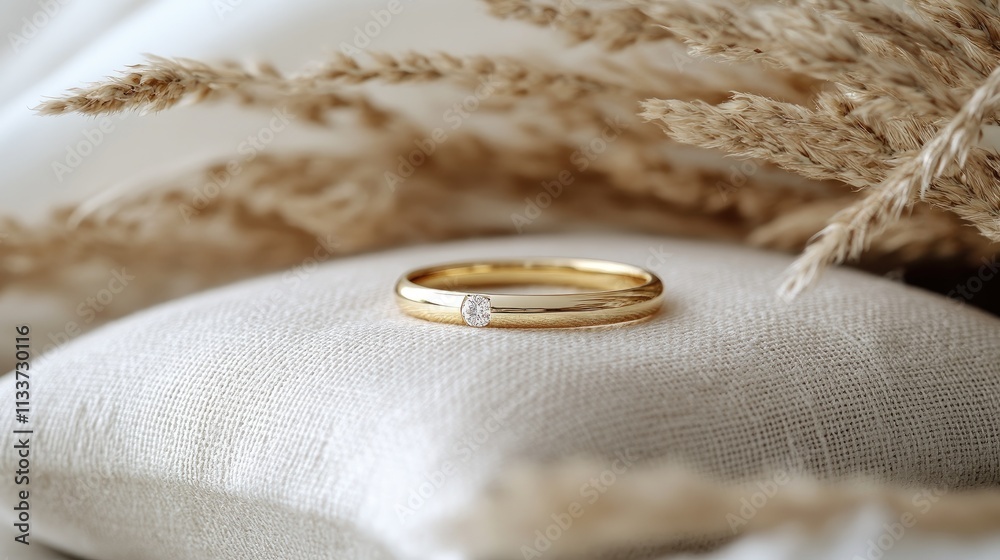 Elegant Gold Ring with Diamond on Soft Fabric and Natural Background Elegant Gold Ring with Diamond on Soft Fabric and Natural Background