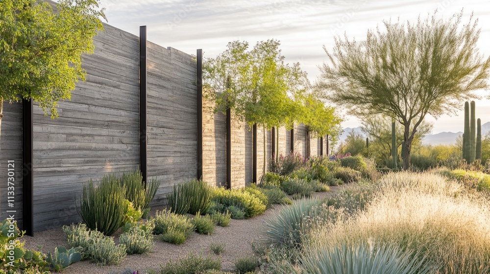 Fototapeta premium Modern Landscaping with Desert Plants and Wood Fence in Sunshine