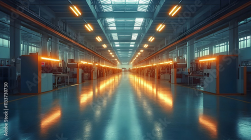 A spacious industrial facility with illuminated pathways and machinery along the sides.