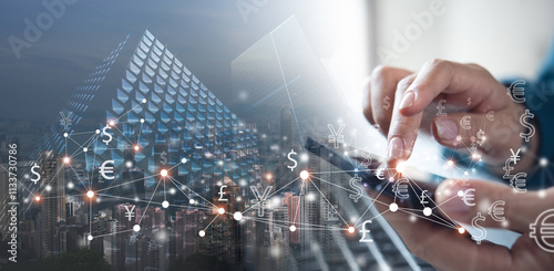 Financial technology concept. Fintech. Online banking. Foreign exchange. Person using mobile smart phone for digital currency exchange via mobile banking app, global business and virtual bank photo