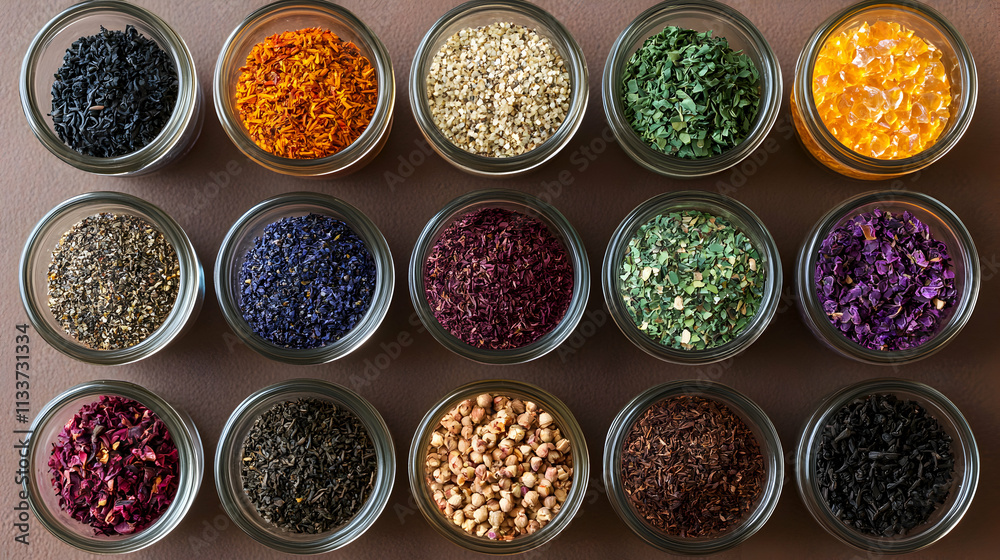 Assortment of Dried Herbs and Spices in Jars: Aromatic Culinary Ingredients for Cooking and Flavoring Dishes Beautifully Assortment of Dried Herbs and Spices in Jars: Aromatic Culinary Ingredients for Cooking and Flavoring Dishes Beautifully