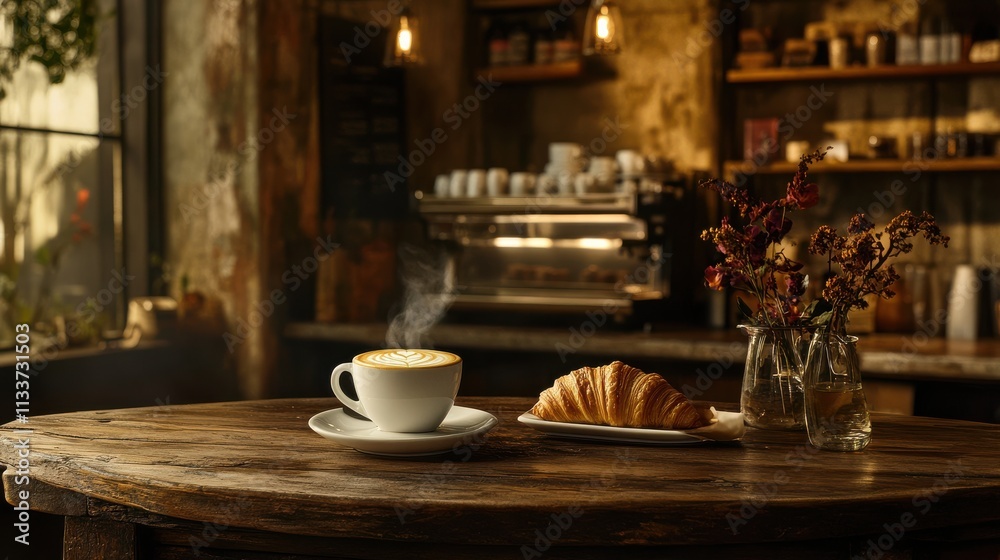 Cozy Cafe Scene with Coffee and Croissant on Rustic Table Cozy Cafe Scene with Coffee and Croissant on Rustic Table