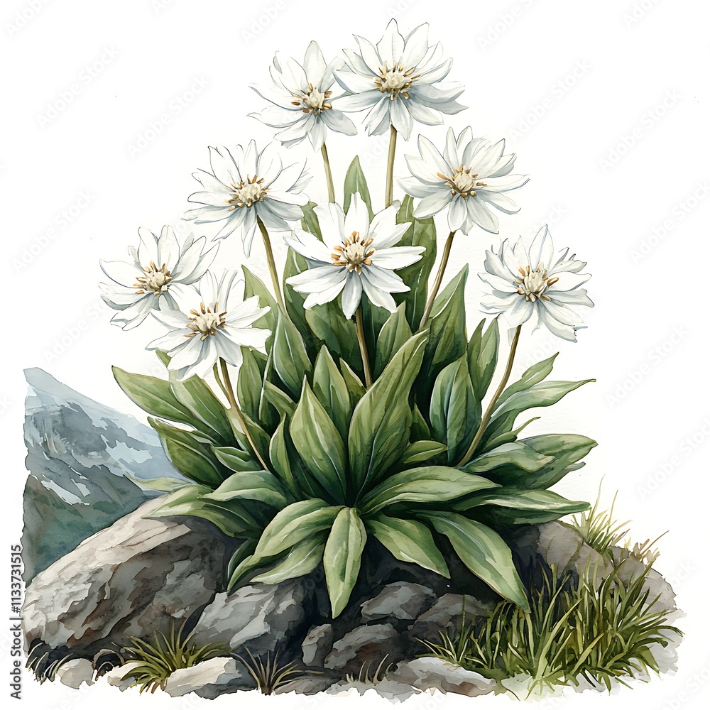 Fototapeta premium Botanical Illustration of Edelweiss Flowers Growing on Rocks with Mountain Background.
