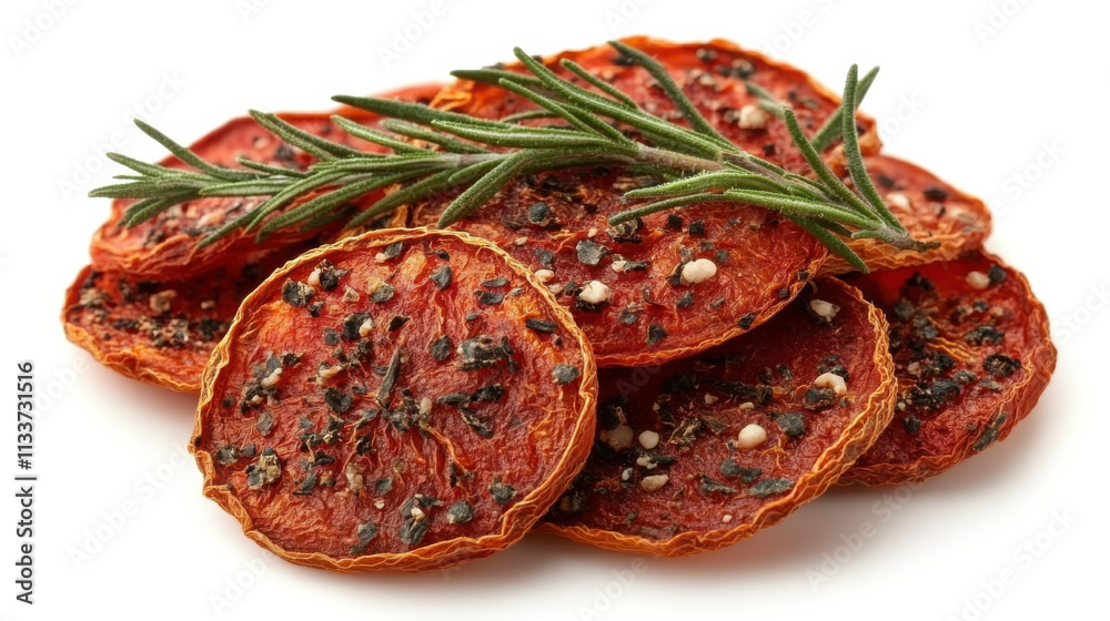 Obraz premium Dried tomato slices with herbs on white background, showcasing their rich texture and flavor. Perfect for culinary use or as healthy snack option