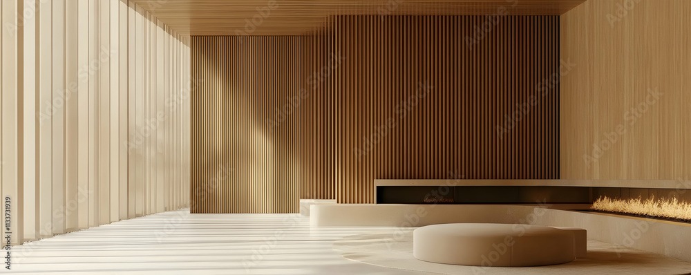 Serene Minimalist Interior Design, Modern Space with Wooden Walls and Fireplace, Illuminating Sunlight through Tall Windows, creating a Calm and Peaceful Atmosphere. Serene Minimalist Interior Design, Modern Space with Wooden Walls and Fireplace, Illuminating Sunlight through Tall Windows, creating a Calm and Peaceful Atmosphere.