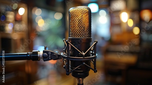 Close-up of a professional condenser microphone in a dimly lit room. photo