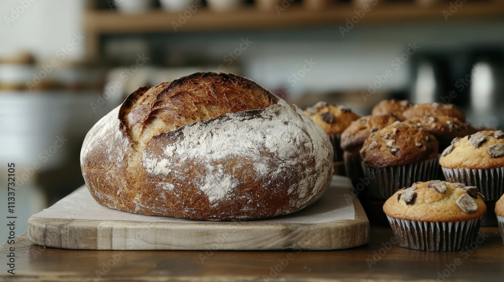 Freshly Baked Artisan Bread with Muffins on Wooden Cutting Board Freshly Baked Artisan Bread with Muffins on Wooden Cutting Board