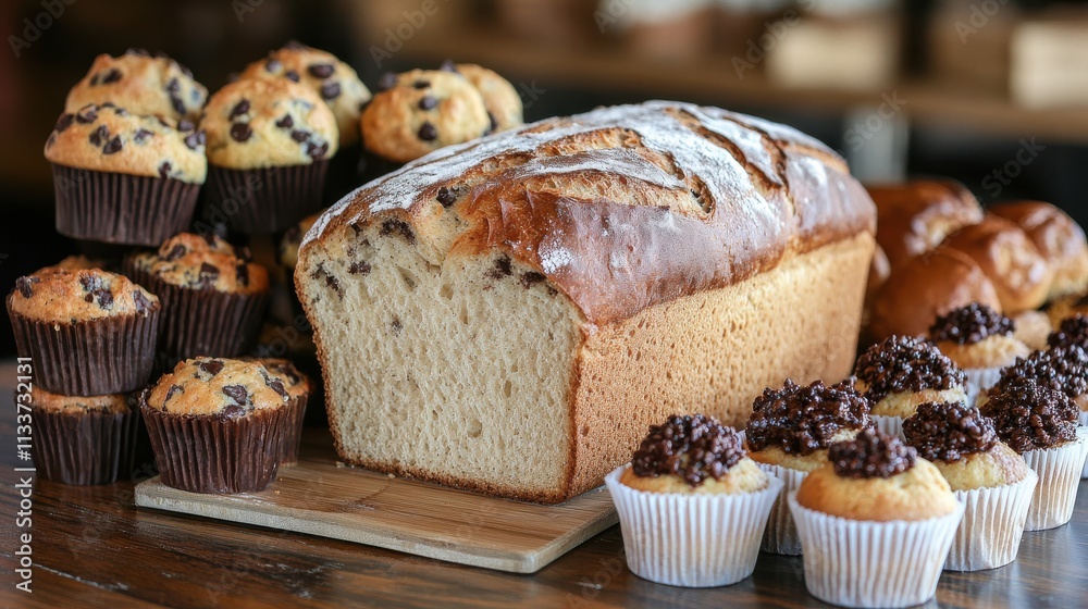 Freshly Baked Bread and Cupcakes on Wooden Table Display