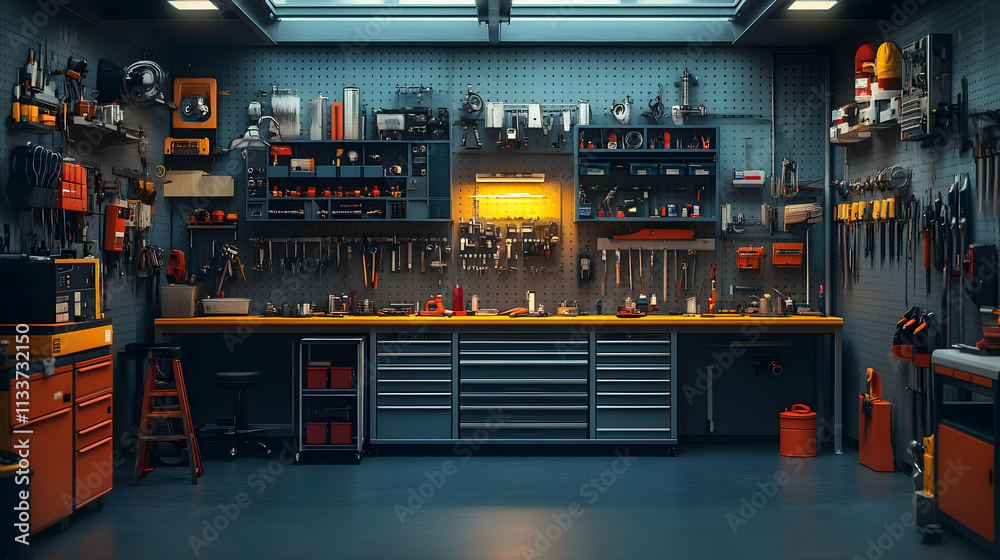 A well-organized workshop filled with various tools and equipment for DIY projects. A well-organized workshop filled with various tools and equipment for DIY projects.