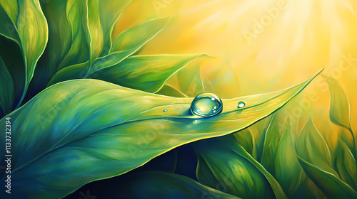 A glistening dewdrop rests on a vibrant green leaf, illuminated by the warm glow of the morning sun, symbolizing nature's beauty, freshness, and the cycle of life. Dewdrop. Illustration photo