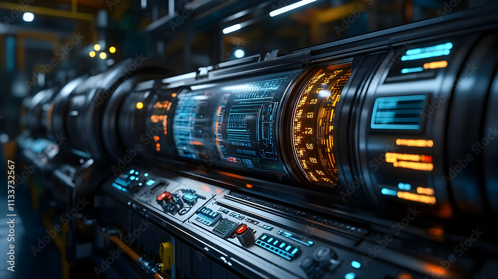 A futuristic control panel with glowing displays and intricate machinery. A futuristic control panel with glowing displays and intricate machinery.