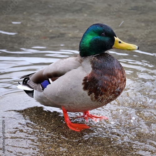 冬になるとロシア東部極東などから渡来する冬鳥食性が植物食が主な雑種で主に穀物や水草の葉や茎植物の種子貝などを食べます魚やカエルなどの両生類なども主食ではないが食べます全長59㎝オスは体が上下面とも淡褐色頭は緑胸は栗褐色くちばしは黄色鬼は短いですが黒色のカールしている photo