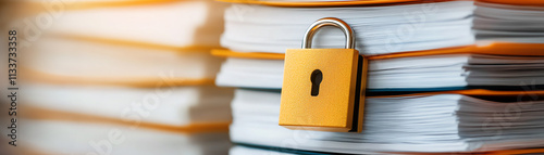 A close-up of a locked padlock on a stack of documents symbolizing security and confidentiality in business. photo