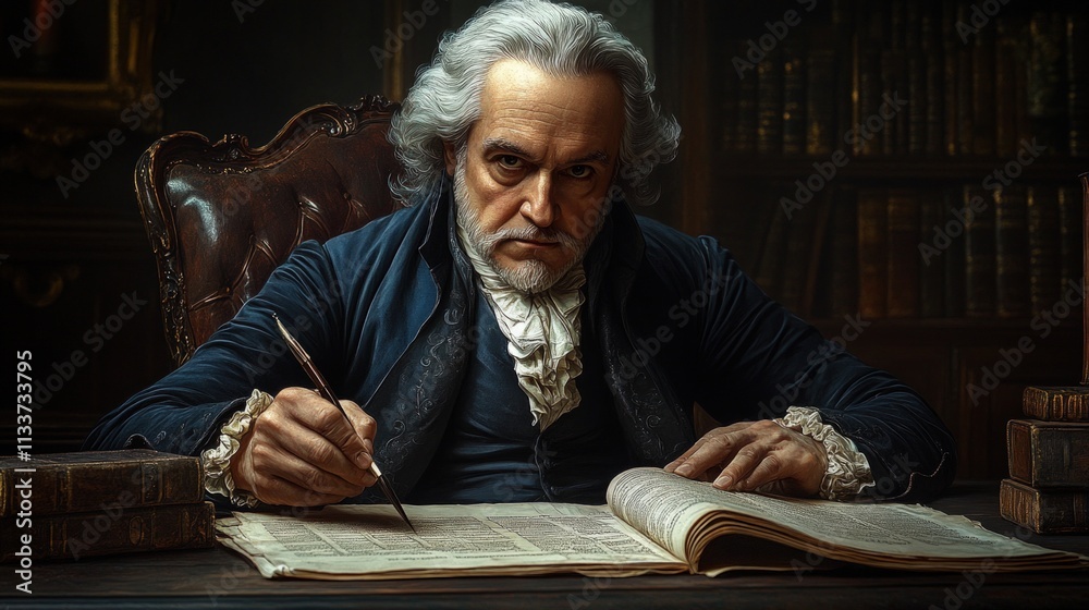Aged scholar writes in antique book. Aged scholar writes in antique book.