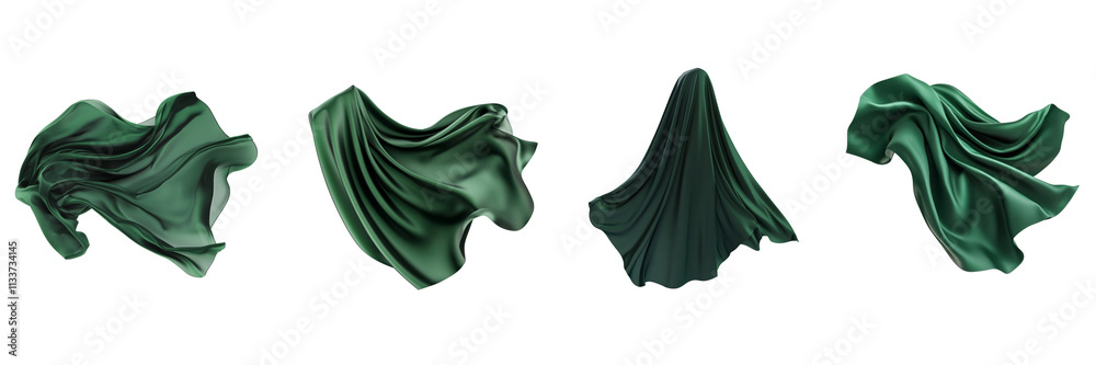 Set of floating elegant green fabric isolated on a transparent background Set of floating elegant green fabric isolated on a transparent background