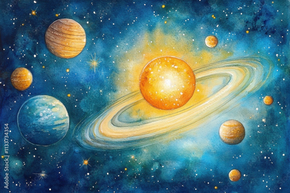 Vibrant planets with rings and moons are captured in this stunning painting. Vibrant planets with rings and moons are captured in this stunning painting.